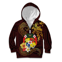 Tonga Ngatu and Hibiscus with Polynesian Tattoo Kid Hoodie Gold and Oxblood Color LT03 Zip Hoodie Oxblood - Polynesian Pride