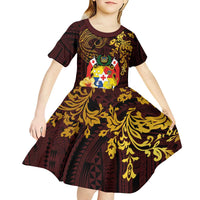 Tonga Ngatu and Hibiscus with Polynesian Tattoo Kid Short Sleeve Dress Gold and Oxblood Color LT03 - Polynesian Pride