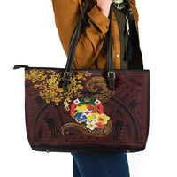 Tonga Ngatu and Hibiscus with Polynesian Tattoo Leather Tote Bag Gold and Oxblood Color LT03 - Polynesian Pride