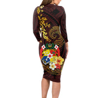 Tonga Ngatu and Hibiscus with Polynesian Tattoo Long Sleeve Bodycon Dress Gold and Oxblood Color LT03 - Polynesian Pride