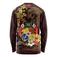 Tonga Ngatu and Hibiscus with Polynesian Tattoo Long Sleeve Shirt Gold and Oxblood Color LT03 - Polynesian Pride