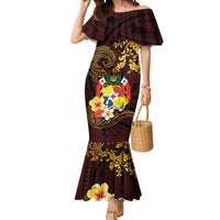 Tonga Ngatu and Hibiscus with Polynesian Tattoo Mermaid Dress Gold and Oxblood Color LT03 Women Oxblood - Polynesian Pride