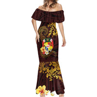 Tonga Ngatu and Hibiscus with Polynesian Tattoo Mermaid Dress Gold and Oxblood Color LT03 - Polynesian Pride
