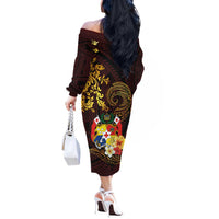 Tonga Ngatu and Hibiscus with Polynesian Tattoo Off The Shoulder Long Sleeve Dress Gold and Oxblood Color LT03 - Polynesian Pride