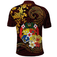Tonga Ngatu and Hibiscus with Polynesian Tattoo Polo Shirt Gold and Oxblood Color LT03 - Polynesian Pride
