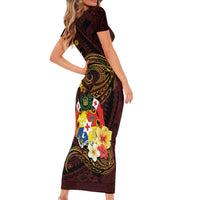 Tonga Ngatu and Hibiscus with Polynesian Tattoo Short Sleeve Bodycon Dress Gold and Oxblood Color LT03 - Polynesian Pride