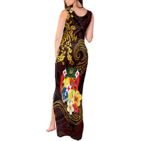 Tonga Ngatu and Hibiscus with Polynesian Tattoo Tank Maxi Dress Gold and Oxblood Color LT03 - Polynesian Pride