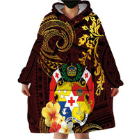 Tonga Ngatu and Hibiscus with Polynesian Tattoo Wearable Blanket Hoodie Gold and Oxblood Color LT03 - Polynesian Pride