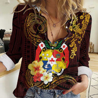 Tonga Ngatu and Hibiscus with Polynesian Tattoo Women Casual Shirt Gold and Oxblood Color LT03 Female Oxblood - Polynesian Pride