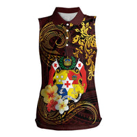 Tonga Ngatu and Hibiscus with Polynesian Tattoo Women Sleeveless Polo Shirt Gold and Oxblood Color LT03 Female Oxblood - Polynesian Pride