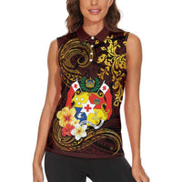Tonga Ngatu and Hibiscus with Polynesian Tattoo Women Sleeveless Polo Shirt Gold and Oxblood Color LT03 - Polynesian Pride