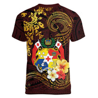 Tonga Ngatu and Hibiscus with Polynesian Tattoo Women V-Neck T-Shirt Gold and Oxblood Color LT03 - Polynesian Pride