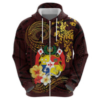 Tonga Ngatu and Hibiscus with Polynesian Tattoo Zip Hoodie Gold and Oxblood Color LT03 - Polynesian Pride