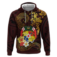 Tonga Ngatu and Hibiscus with Polynesian Tattoo Zip Hoodie Gold and Oxblood Color LT03 Pullover Hoodie Oxblood - Polynesian Pride