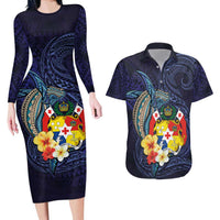 Tonga Vava'u Humpback Whale Blue Water Couples Matching Long Sleeve Bodycon Dress and Hawaiian Shirt Polynesian Hibiscus Flowers LT03 Blue - Polynesian Pride