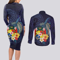Tonga Vava'u Humpback Whale Blue Water Couples Matching Long Sleeve Bodycon Dress and Long Sleeve Button Shirt Polynesian Hibiscus Flowers LT03 - Polynesian Pride