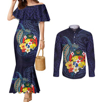 Tonga Vava'u Humpback Whale Blue Water Couples Matching Mermaid Dress and Long Sleeve Button Shirt Polynesian Hibiscus Flowers LT03 Blue - Polynesian Pride