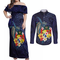 Tonga Vava'u Humpback Whale Blue Water Couples Matching Off Shoulder Maxi Dress and Long Sleeve Button Shirt Polynesian Hibiscus Flowers LT03 Blue - Polynesian Pride