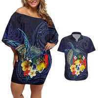 Tonga Vava'u Humpback Whale Blue Water Couples Matching Off Shoulder Short Dress and Hawaiian Shirt Polynesian Hibiscus Flowers LT03 Blue - Polynesian Pride