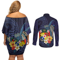 Tonga Vava'u Humpback Whale Blue Water Couples Matching Off Shoulder Short Dress and Long Sleeve Button Shirt Polynesian Hibiscus Flowers LT03 - Polynesian Pride