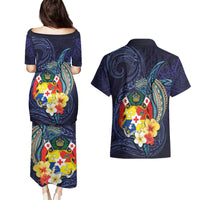 Tonga Vava'u Humpback Whale Blue Water Couples Matching Puletasi and Hawaiian Shirt Polynesian Hibiscus Flowers LT03 - Polynesian Pride
