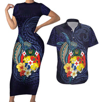Tonga Vava'u Humpback Whale Blue Water Couples Matching Short Sleeve Bodycon Dress and Hawaiian Shirt Polynesian Hibiscus Flowers LT03 Blue - Polynesian Pride