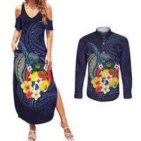 Tonga Vava'u Humpback Whale Blue Water Couples Matching Summer Maxi Dress and Long Sleeve Button Shirt Polynesian Hibiscus Flowers LT03 Blue - Polynesian Pride