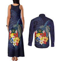 Tonga Vava'u Humpback Whale Blue Water Couples Matching Tank Maxi Dress and Long Sleeve Button Shirt Polynesian Hibiscus Flowers LT03 - Polynesian Pride