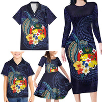 Tonga Vava'u Humpback Whale Blue Water Family Matching Long Sleeve Bodycon Dress and Hawaiian Shirt Polynesian Hibiscus Flowers LT03 - Polynesian Pride