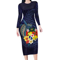 Tonga Vava'u Humpback Whale Blue Water Family Matching Long Sleeve Bodycon Dress and Hawaiian Shirt Polynesian Hibiscus Flowers LT03 Mom's Dress Blue - Polynesian Pride
