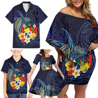 Tonga Vava'u Humpback Whale Blue Water Family Matching Off Shoulder Short Dress and Hawaiian Shirt Polynesian Hibiscus Flowers LT03 - Polynesian Pride