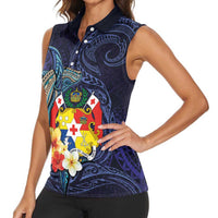 Tonga Vava'u Humpback Whale Blue Water Women Sleeveless Polo Shirt Polynesian Hibiscus Flowers LT03 - Polynesian Pride