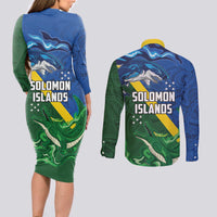 Solomon Islands Polynesian Tribal Shark and Crocodile Couples Matching Long Sleeve Bodycon Dress and Long Sleeve Button Shirt LT03 - Polynesian Pride