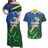 Solomon Islands Polynesian Tribal Shark and Crocodile Couples Matching Off Shoulder Maxi Dress and Hawaiian Shirt LT03 Blue - Polynesian Pride