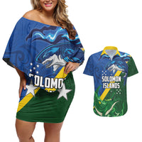Solomon Islands Polynesian Tribal Shark and Crocodile Couples Matching Off Shoulder Short Dress and Hawaiian Shirt LT03 Blue - Polynesian Pride