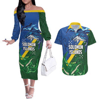Solomon Islands Polynesian Tribal Shark and Crocodile Couples Matching Off The Shoulder Long Sleeve Dress and Hawaiian Shirt LT03 Blue - Polynesian Pride