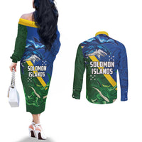 Solomon Islands Polynesian Tribal Shark and Crocodile Couples Matching Off The Shoulder Long Sleeve Dress and Long Sleeve Button Shirt LT03 - Polynesian Pride