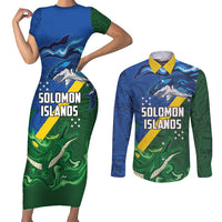 Solomon Islands Polynesian Tribal Shark and Crocodile Couples Matching Short Sleeve Bodycon Dress and Long Sleeve Button Shirt LT03 Blue - Polynesian Pride