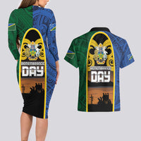 Solomon Islands Remembrance Day Couples Matching Long Sleeve Bodycon Dress and Hawaiian Shirt Lest We Forget and Polynesian Tattoo Pattern LT03 - Polynesian Pride