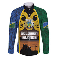 Solomon Islands Remembrance Day Family Matching Off The Shoulder Long Sleeve Dress and Hawaiian Shirt Lest We Forget and Polynesian Tattoo Pattern LT03 Dad's Shirt - Long Sleeve Black - Polynesian Pride
