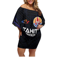 Personalised Tahiti Triathlon Polynesian Pattern Family Matching Off Shoulder Short Dress and Hawaiian Shirt LT03 Mom's Dress Black - Polynesian Pride