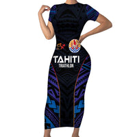 Personalised Tahiti Triathlon Polynesian Pattern Family Matching Short Sleeve Bodycon Dress and Hawaiian Shirt LT03 Mom's Dress Black - Polynesian Pride