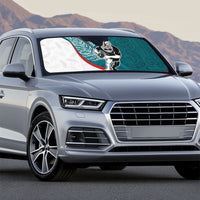 Personalised Aotearoa Lawn Bowls Auto Sun Shade Maori Warrior and Silver Fern Sporty Style Teal LT03 - Polynesian Pride