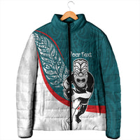 Personalised Aotearoa Lawn Bowls Padded Jacket Maori Warrior and Silver Fern Sporty Style Teal LT03 - Polynesian Pride