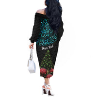 Personalized New Zealand Christmas Off The Shoulder Long Sleeve Dress Maori Santa Pikorua and Pohutukawa Meri Kirihimete LT03 - Polynesian Pride
