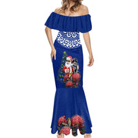 Personalized New Zealand Christmas Mermaid Dress Maori Santa Pikorua and Pohutukawa Meri Kirihimete Blue LT03 - Polynesian Pride