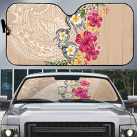 Hawaiian Tropical Flowers and Tribal Turtles Auto Sun Shade Polynesian Art Motifs Beige Color LT03 Beige - Polynesian Pride