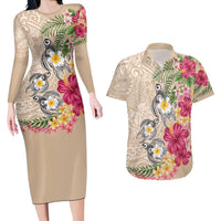 Hawaiian Tropical Flowers and Tribal Turtles Couples Matching Long Sleeve Bodycon Dress and Hawaiian Shirt Polynesian Art Motifs Beige Color LT03 Beige - Polynesian Pride