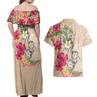 Hawaiian Tropical Flowers and Tribal Turtles Couples Matching Off Shoulder Maxi Dress and Hawaiian Shirt Polynesian Art Motifs Beige Color LT03 - Polynesian Pride