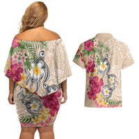 Hawaiian Tropical Flowers and Tribal Turtles Couples Matching Off Shoulder Short Dress and Hawaiian Shirt Polynesian Art Motifs Beige Color LT03 - Polynesian Pride